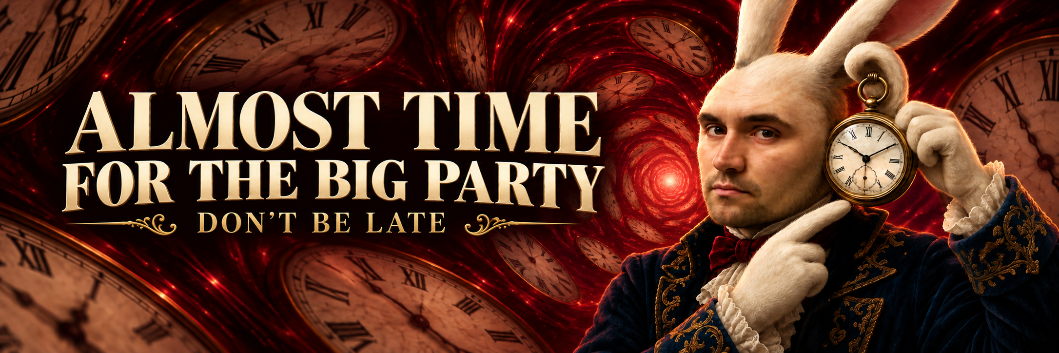 Big Party Kirky holding a pocket watch beside the words Almost Time for the Big Party